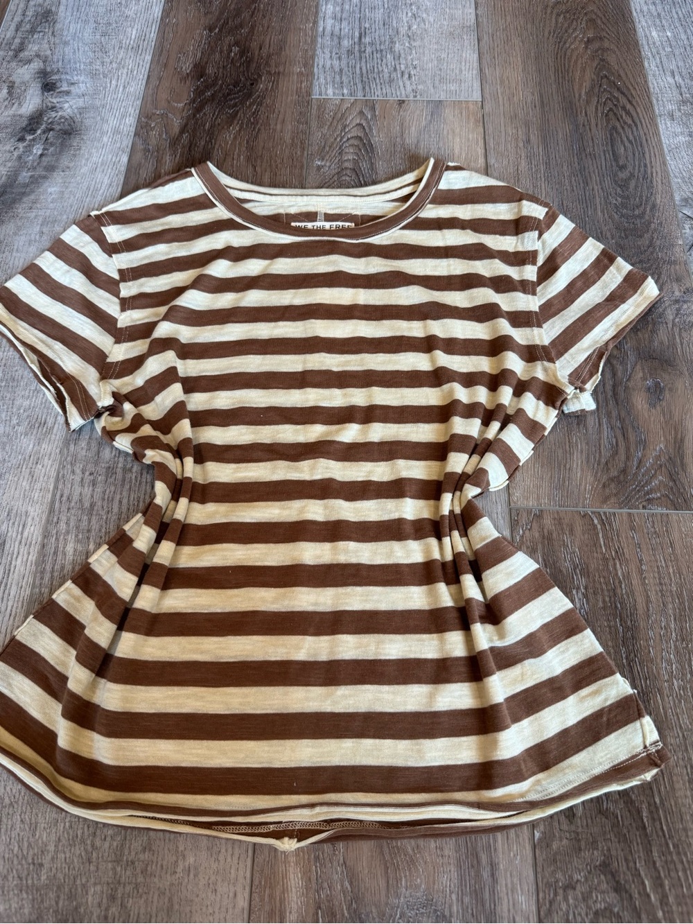 Free People Striped Short-Sleeve Crewneck Top in Brown/Cream